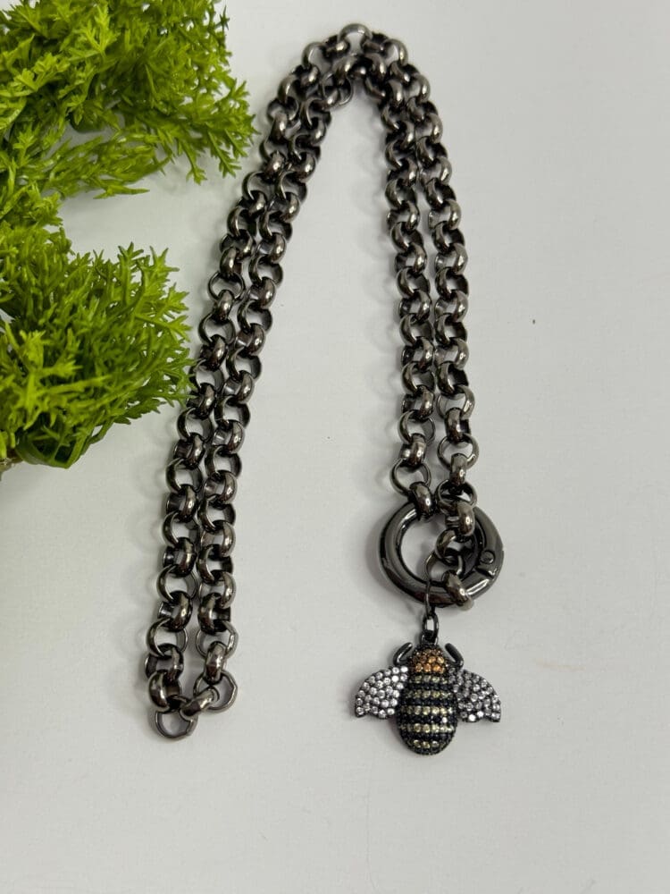 Bee Charm Necklace with Steel and Brass Black Chain