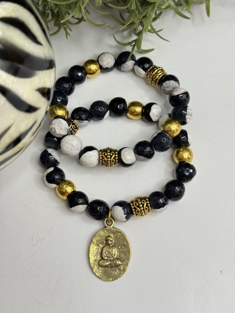 Black & White Fire Agate with Gold Beads and Tibetan Charm