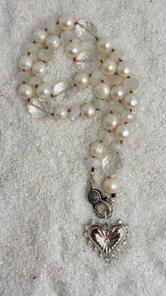 Fresh Water Pearl/Faceted Moonstone, Silk Knotted with Micro Pave Heart Pendant & Pave Lobster Clasp