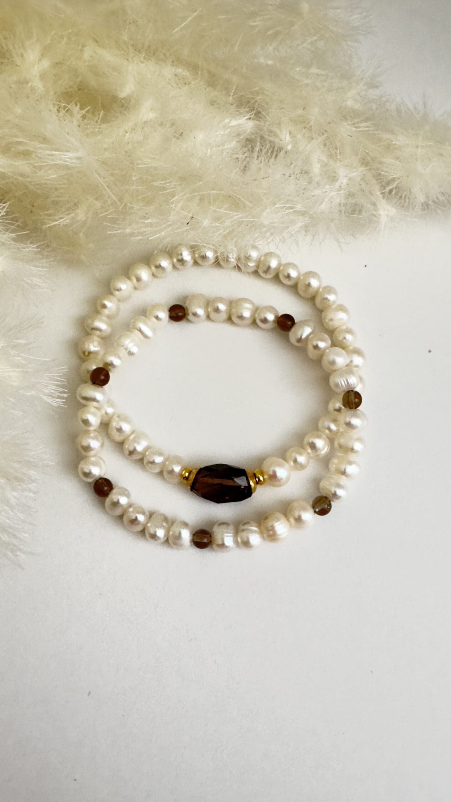 Double Bracelet - Smoky quartz & freshwater pearls