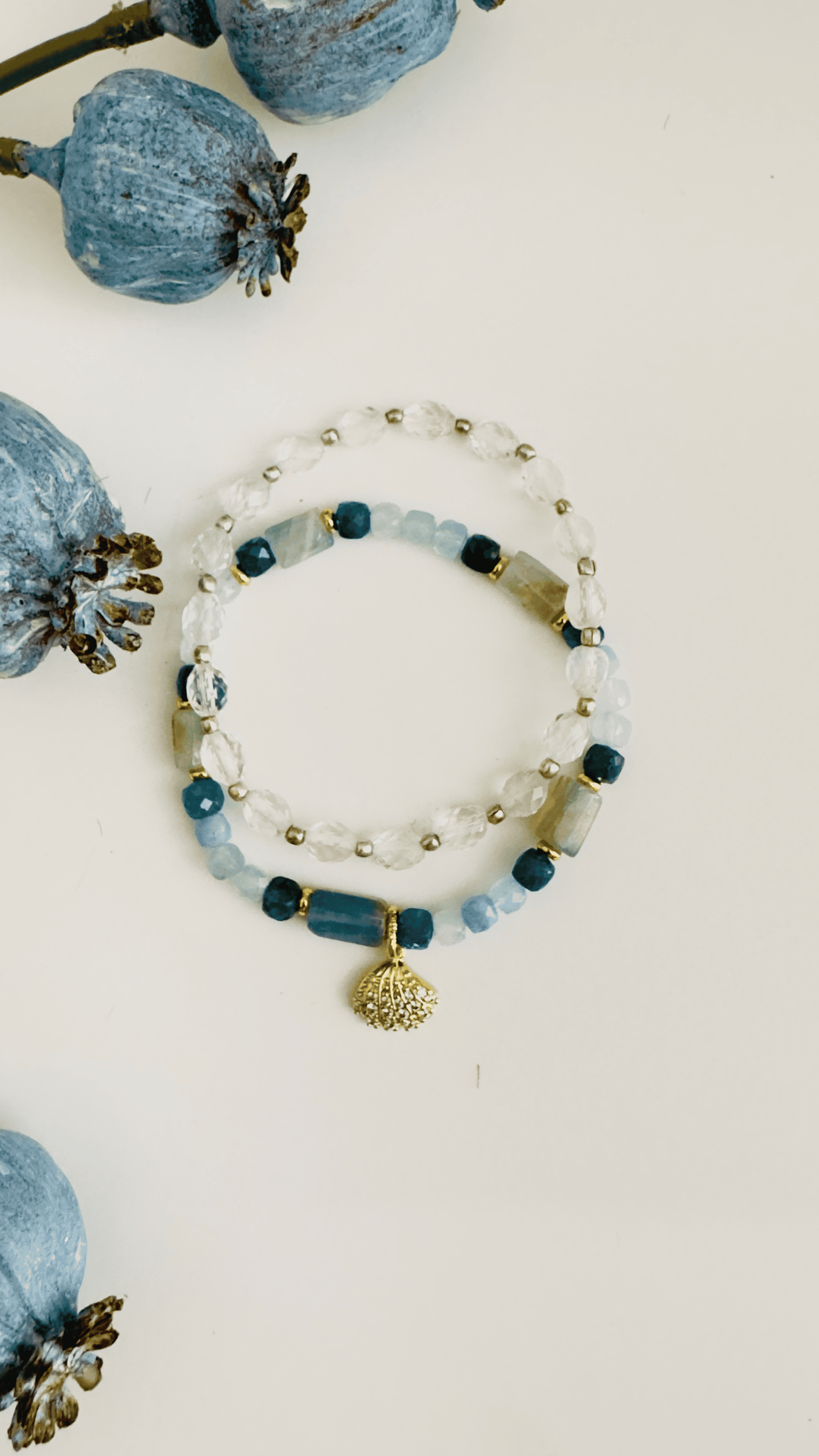 Double Bracelet with White Crystal Agate w/silver spacers Apatite w/aquamarine gold spacers with shell charm