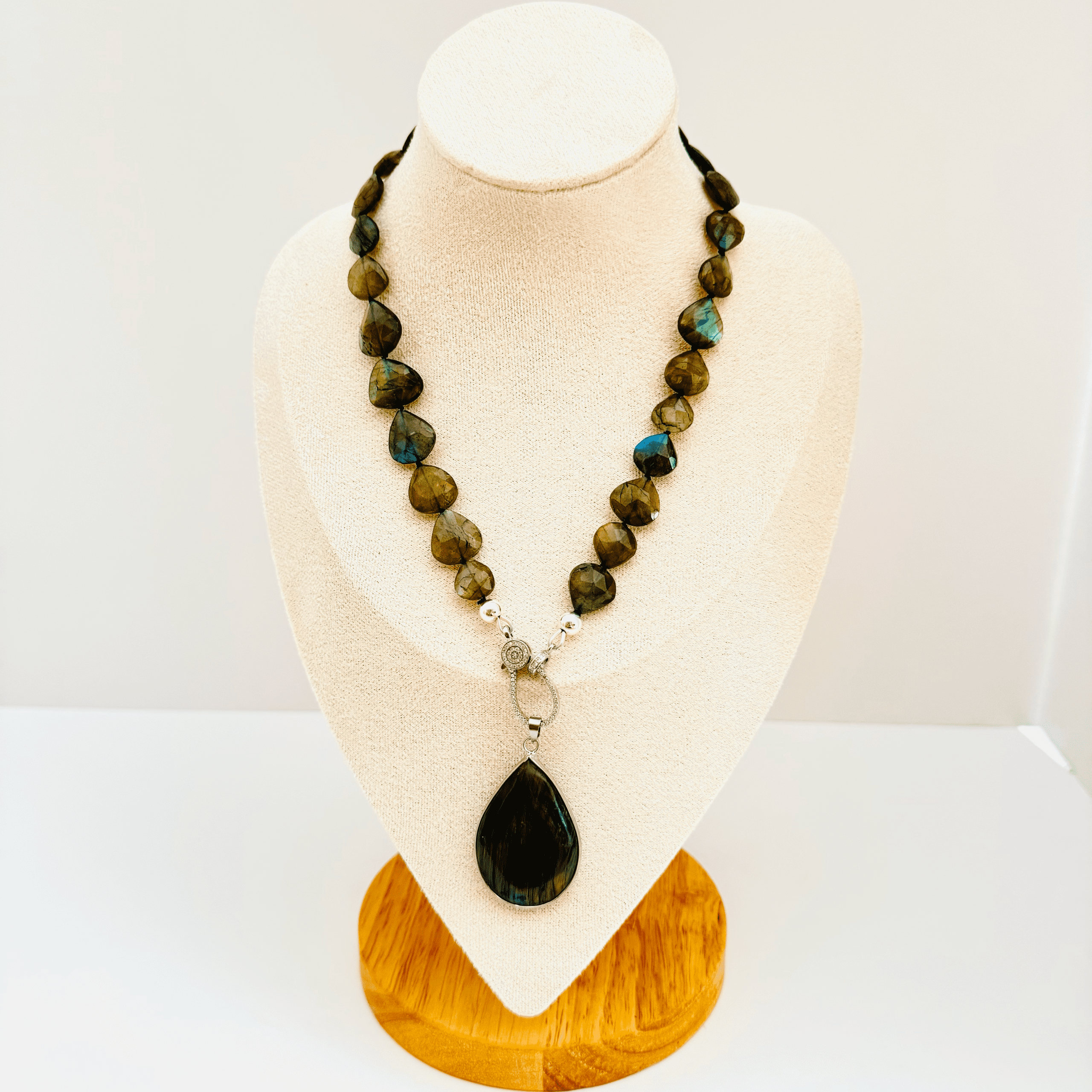 Labradorite Stones & Teardrop Pendant Necklace - Silk Knotted